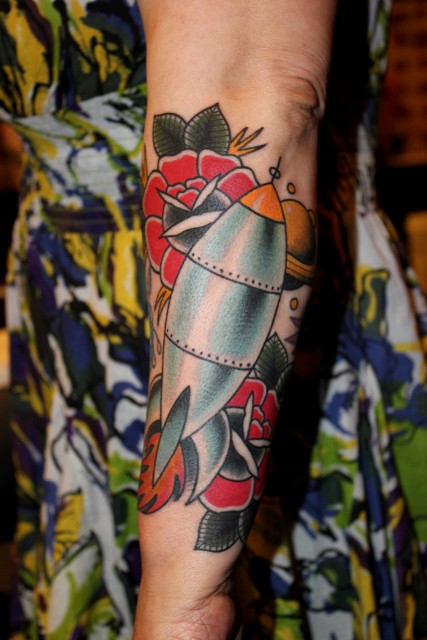 Traditional Rocket With Roses Tattoo On Half Sleeve By Myke Chambers