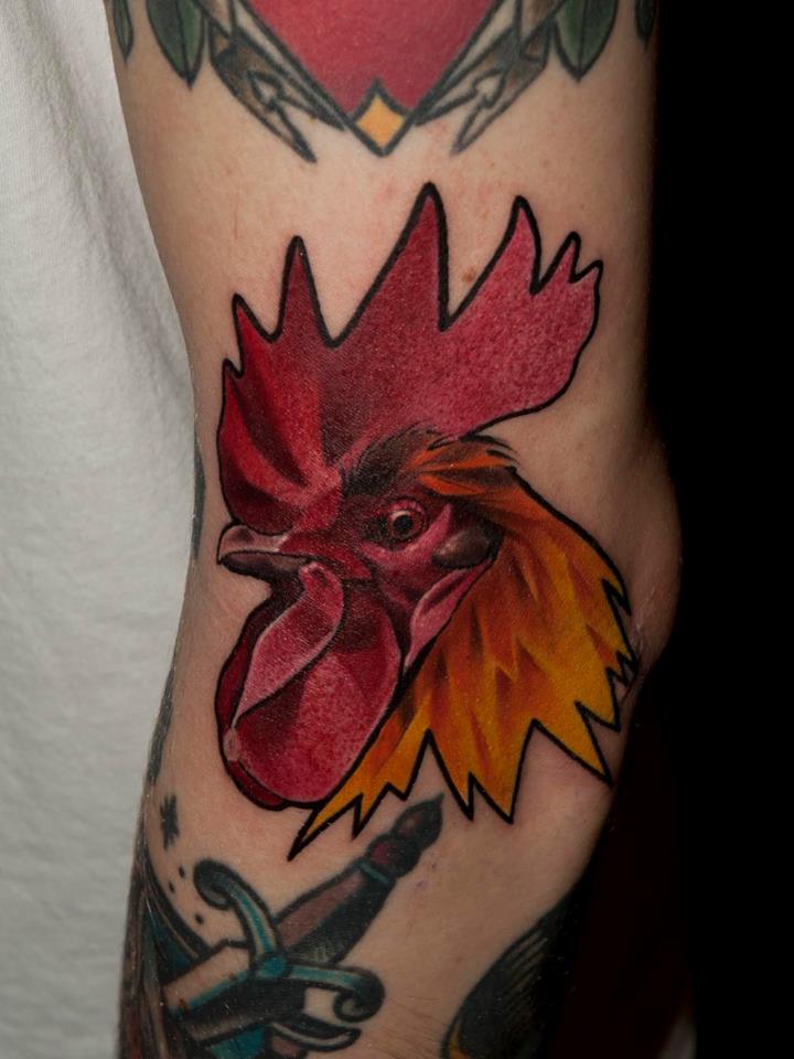 Traditional Rooster Head Tattoo On Left Sleeve By Matyas Csiga Halasz