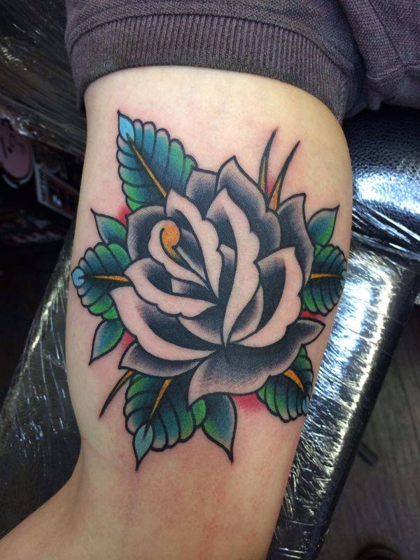 Traditional Rose Tattoo On Left Bicep By Chris Martin