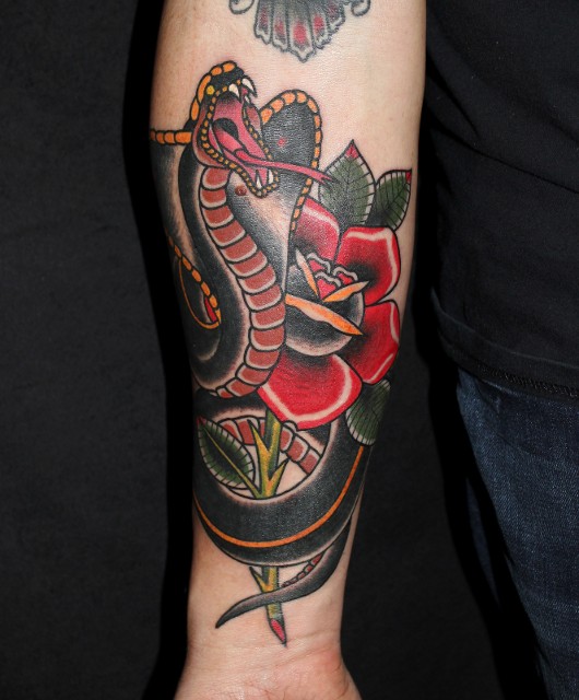Traditional Rose With Cobra Tattoo On Forearm By Myke Chambers