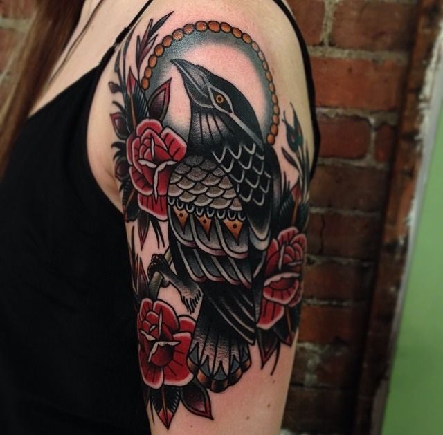 Traditional Roses And Crow Tattoo On Left Half Sleeve