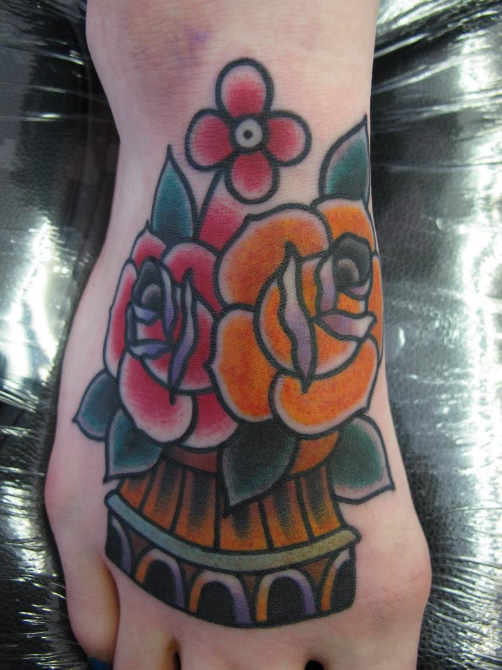 Traditional Roses Tattoo On Right Foot By Chris Martin