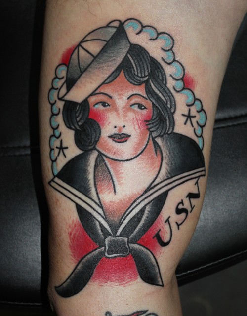 Traditional Sailor Women Tattoo On Half Sleeve