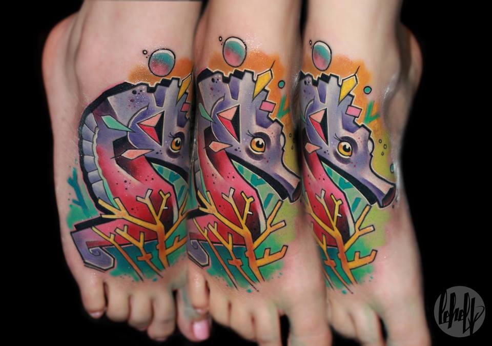 Traditional Seahorse Tattoo On Girl Right Foot By Lehel Nyeste