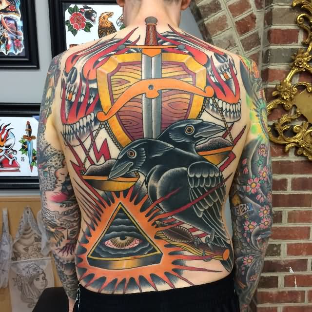Traditional Shield With Sword And Crows Tattoo On Full Back