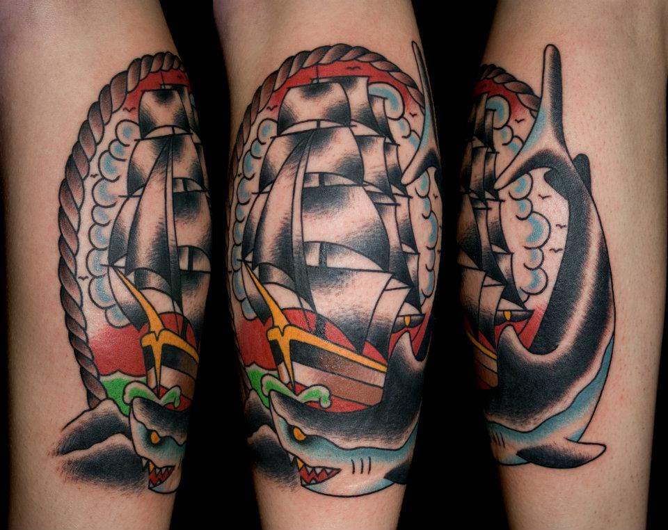 Traditional Ship In Rope Frame With Shark Tattoo Design For Sleeve