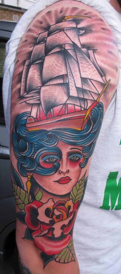 Traditional Ship On Women Head With Rose Tattoo On Right Half Sleeve By Sam Ricketts