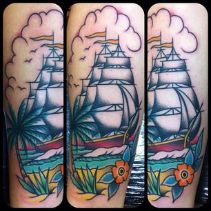 Traditional Ship Tattoo On Half Sleeve By Chris Martin