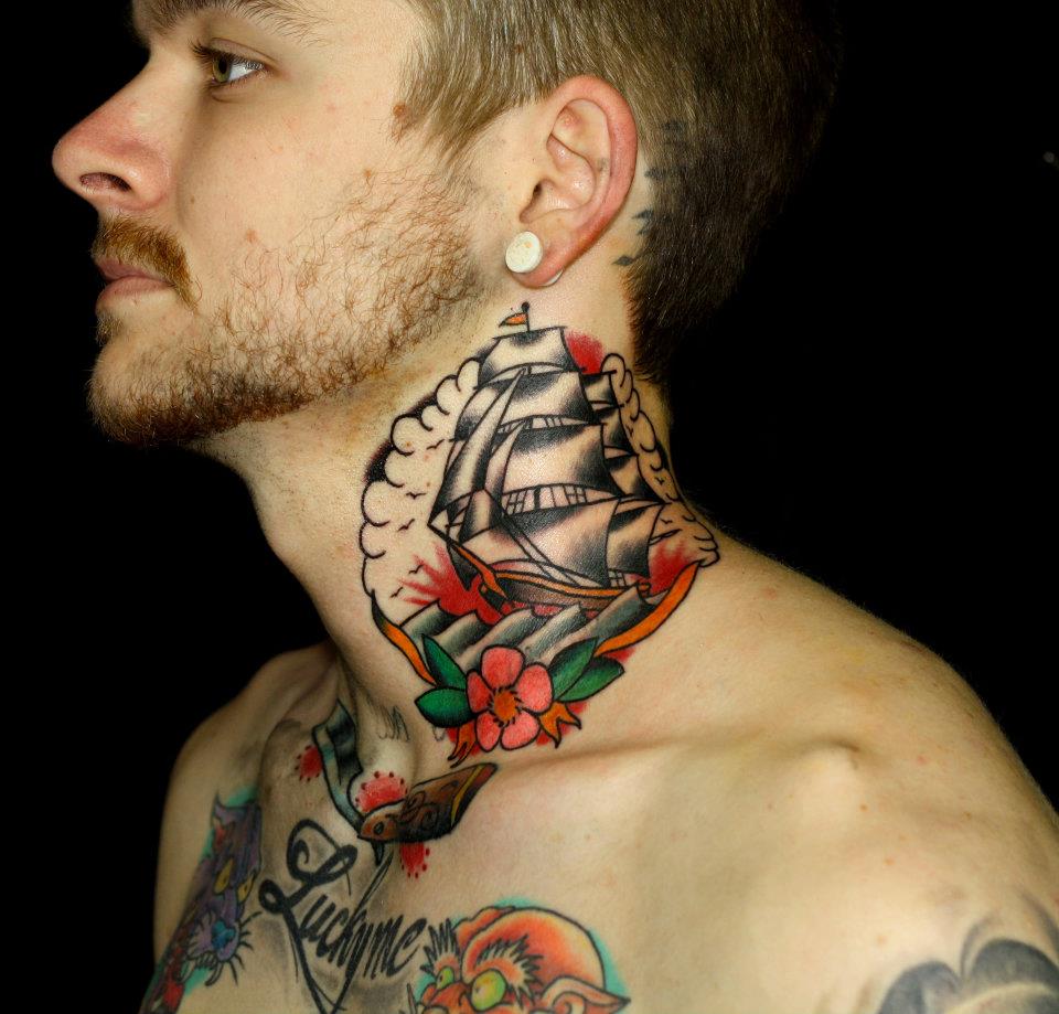 Traditional Ship Tattoo On Man Side Neck By Myke Chambers