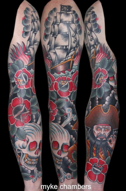 Traditional Ship With Rose And Skull Tattoo On Full Sleeve