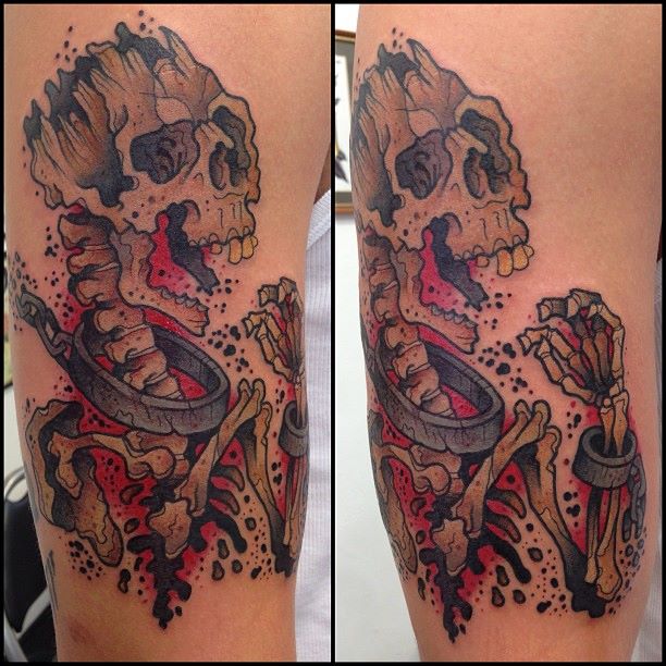 Traditional Skeleton Tattoo On Right Half Sleeve By Scott Owen