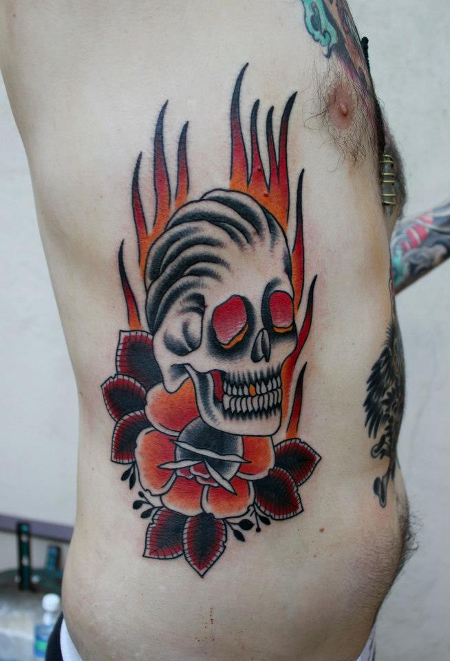 Traditional Skull With Rose Tattoo On Man Right Side Rib