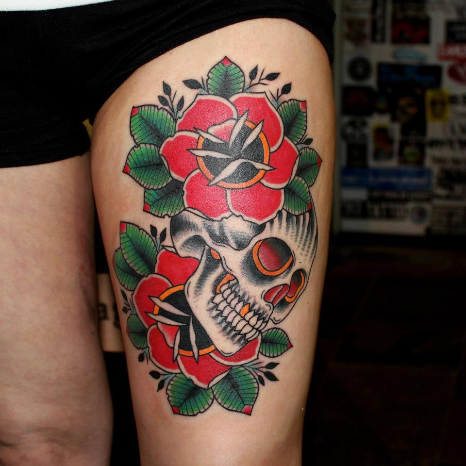 Traditional Skull With Roses Tattoo On Thigh