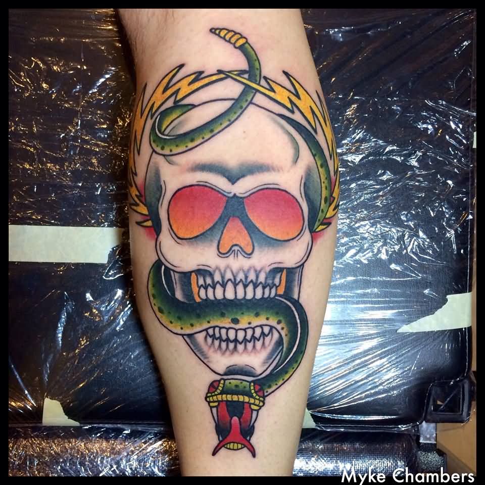 Traditional Skull With Snake Tattoo On Leg Calf By Myke Chambers