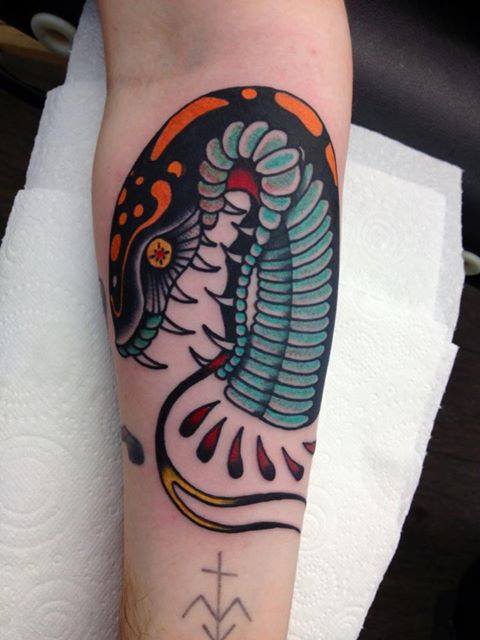 Traditional Snake Tattoo On Forearm By Jay Thurley