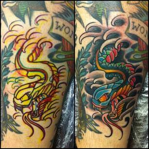 Traditional Snake Tattoo On Left Half Sleeve By Chris Martin