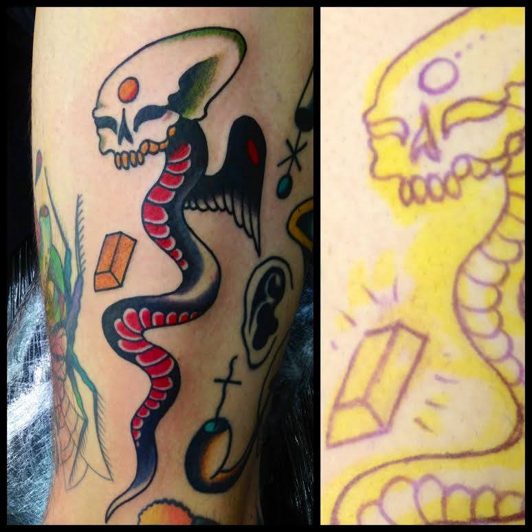 Traditional Snake With Skull Tattoo Design For Sleeve