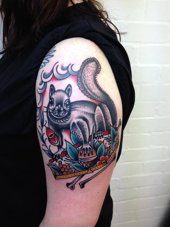 Traditional Squirrel Tattoo On Left Half Sleeve By Sam Ricketts