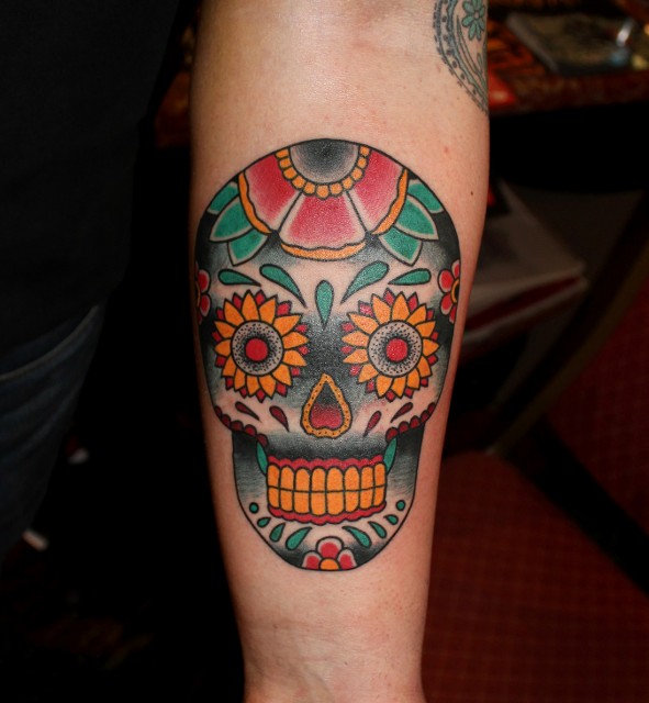 Traditional Sugar Skull Tattoo On Forearm By Myke Chambers