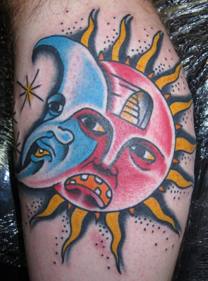 Traditional Sun And Moon Tattoo Design For Leg Calf