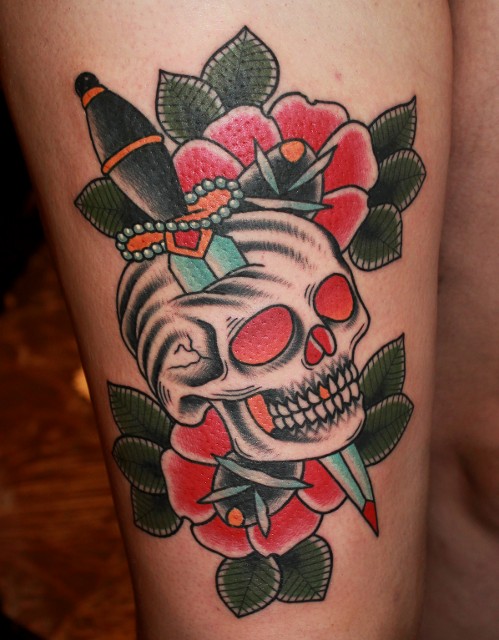 Traditional Sword In Skull With Roses Tattoo Design For Half Sleeve By Myke Chambers