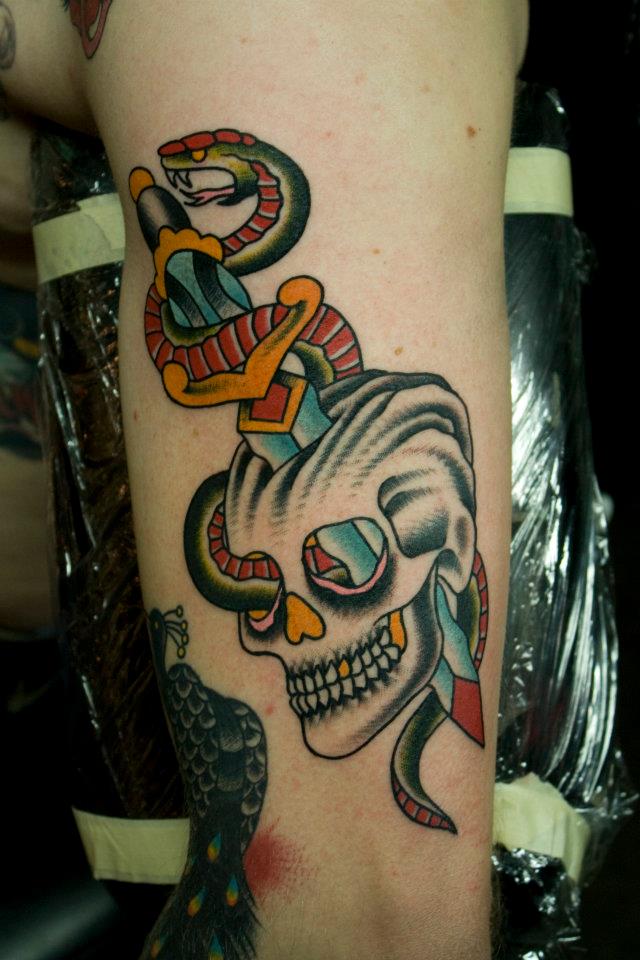 Traditional Sword In Skull With Snake Tattoo Design For Half Sleeve By Myke Chambers