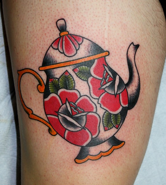 Traditional Teapot Tattoo Design For Thigh