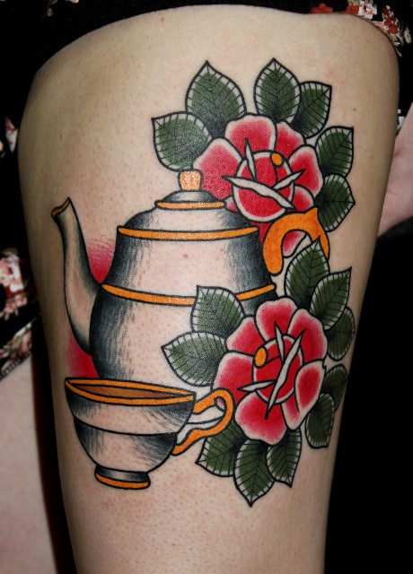 Traditional Teapot With Flowers Tattoo On Left Thigh