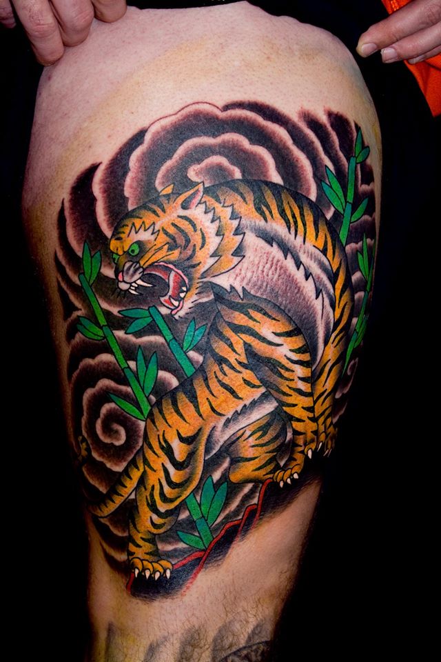 Traditional Tiger Tattoo On Right Thigh