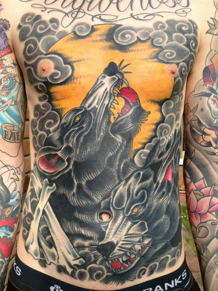 Traditional Two Wolf Head Tattoo On Man Full Body By Sam Ricketts