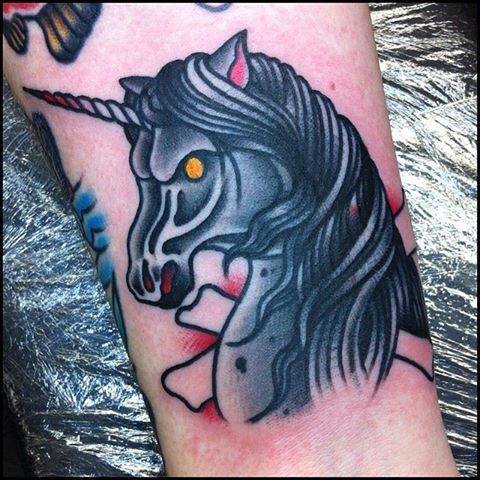 Traditional Unicorn Head Tattoo On Forearm