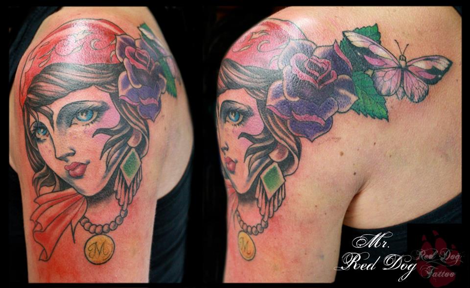 Traditional Women Face With Rose And Butterfly Tattoo On Left Shoulder