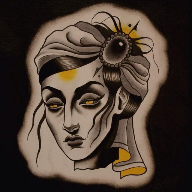 Traditional Women Head Tattoo Design By Marcelina Urbanska