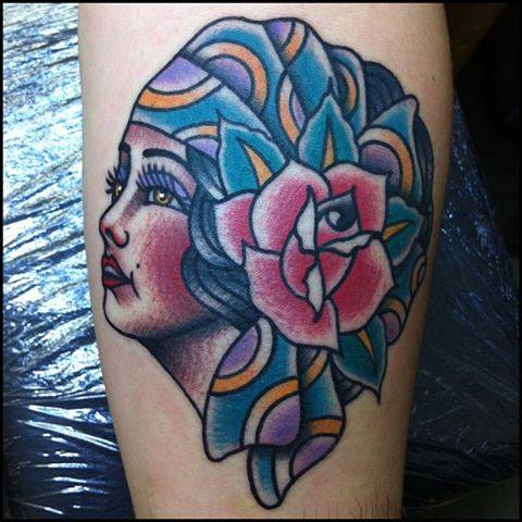 Traditional Women Head With Rose Tattoo Design For Sleeve