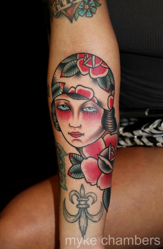 Traditional Women Head With Rose Tattoo On Forearm By Myke Chambers