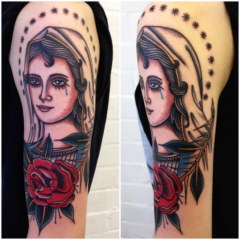Traditional Women Head With Rose Tattoo On Left Half Sleeve By Sam Ricketts