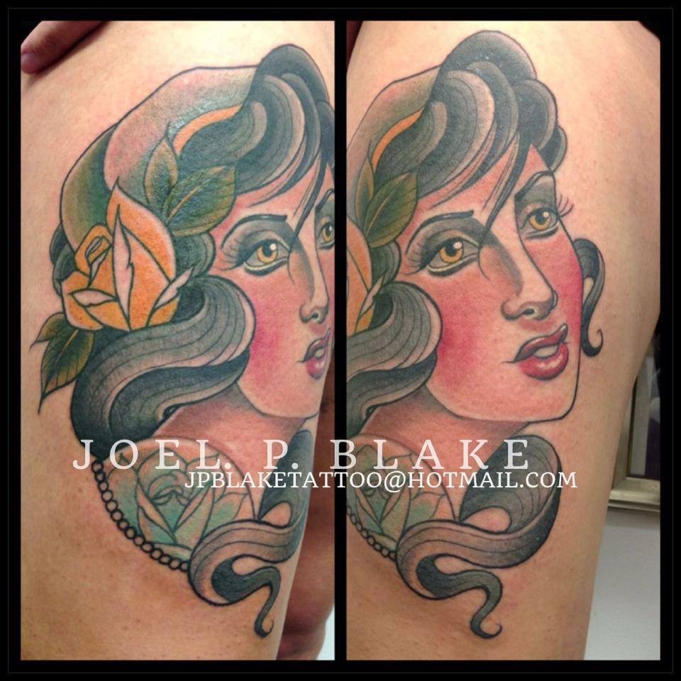Traditional Women Head With Roses Tattoo On Right Thigh By Joel P Blake