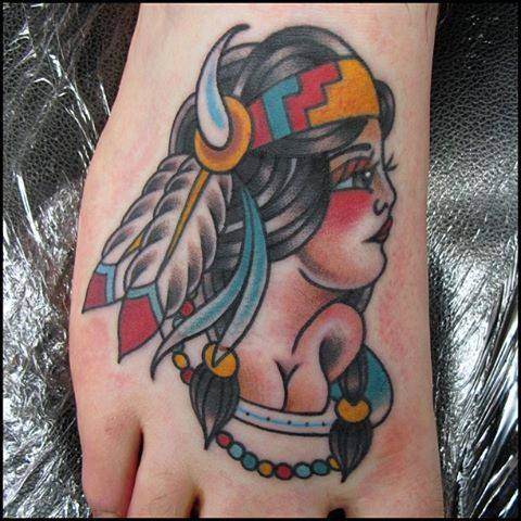 Traditional Women Tattoo On Right Foot