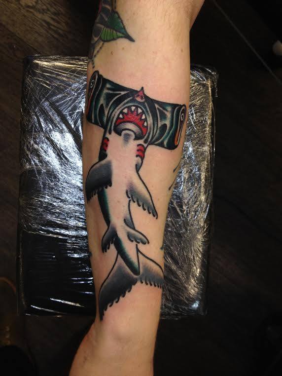 Traditional hammerhead Shark Tattoo On Right Arm By Sam Ricketts