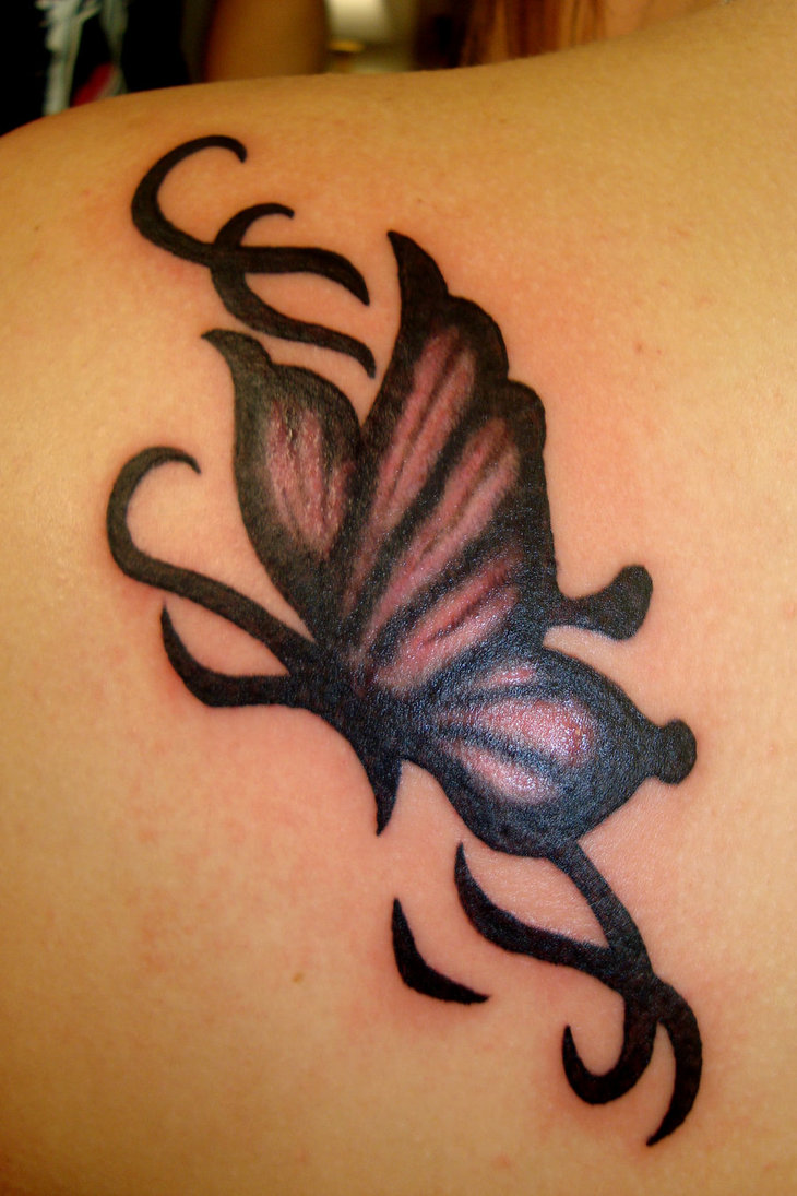 Tribal Butterfly Tattoo On Left Back Shoulder
