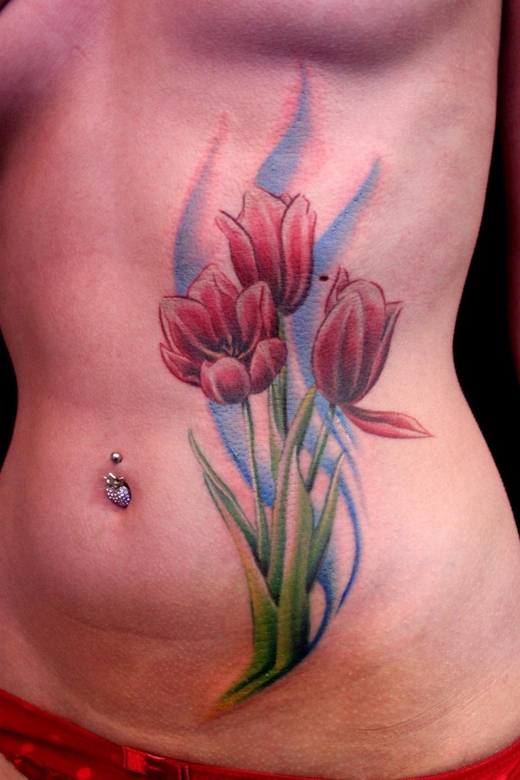 Tulip Flowers Tattoos On Side Rib