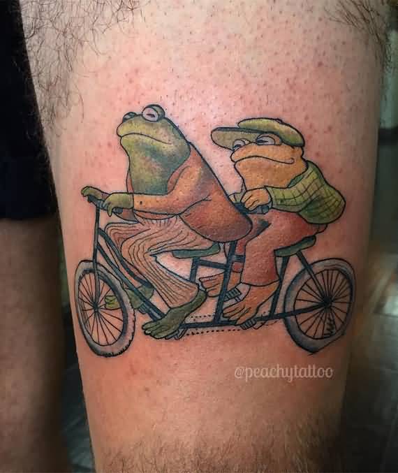 Two Old Frogs Tattoos On Leg