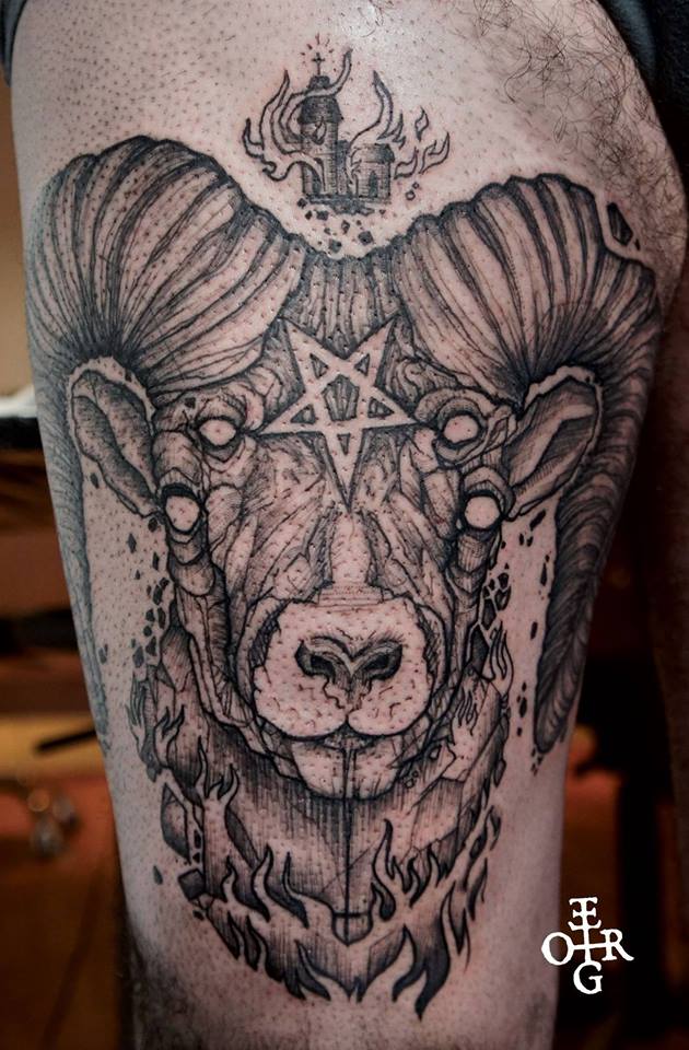 Unique Abstract Goat Head Tattoo Design For Thigh
