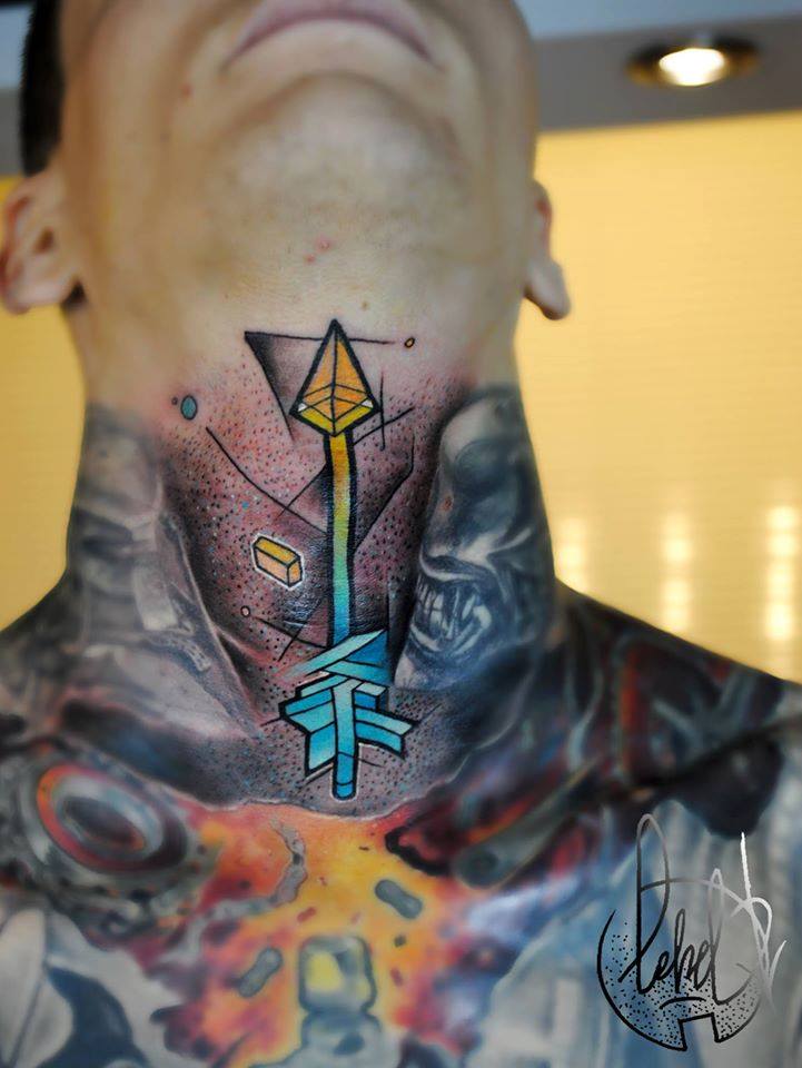 Unique Arrow Tattoo On Man Neck By Lehel Nyeste