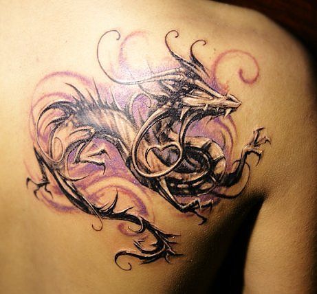 Unique Black And Grey Dragon Tattoo On Right Back Shoulder