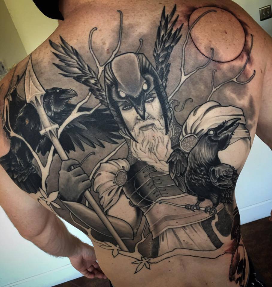 Unique Black And Grey Warrior Tattoo On Man Full Back By Jeff Norton