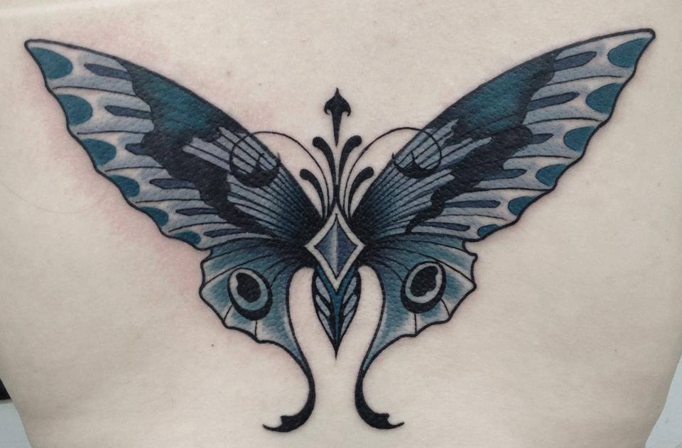 Unique Black Ink Butterfly Tattoo Design For Upper Back
