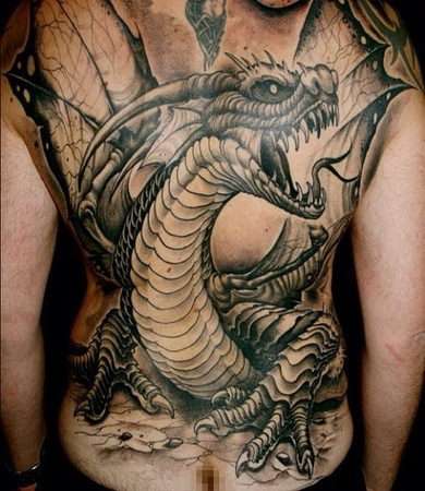 Unique Black Ink Dragon Tattoo On Man Full Back By Joao Bosco