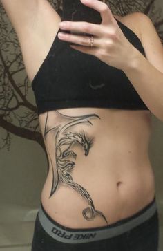 Unique Black Ink Dragon Tattoo On Women Right Side Rib By Zack Hook