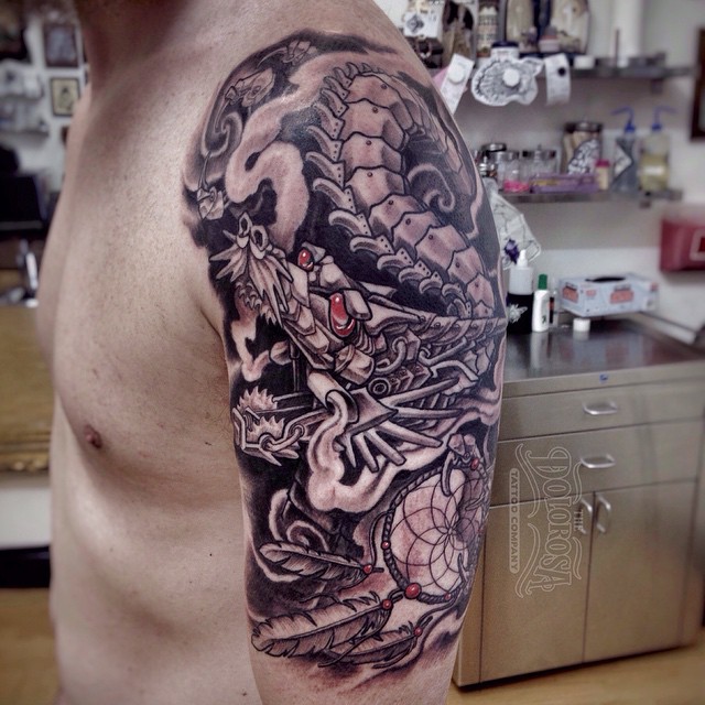 Unique Black Ink Dragon With Dreamcatcher Tattoo On Man Left Shoulder By Chris Paez